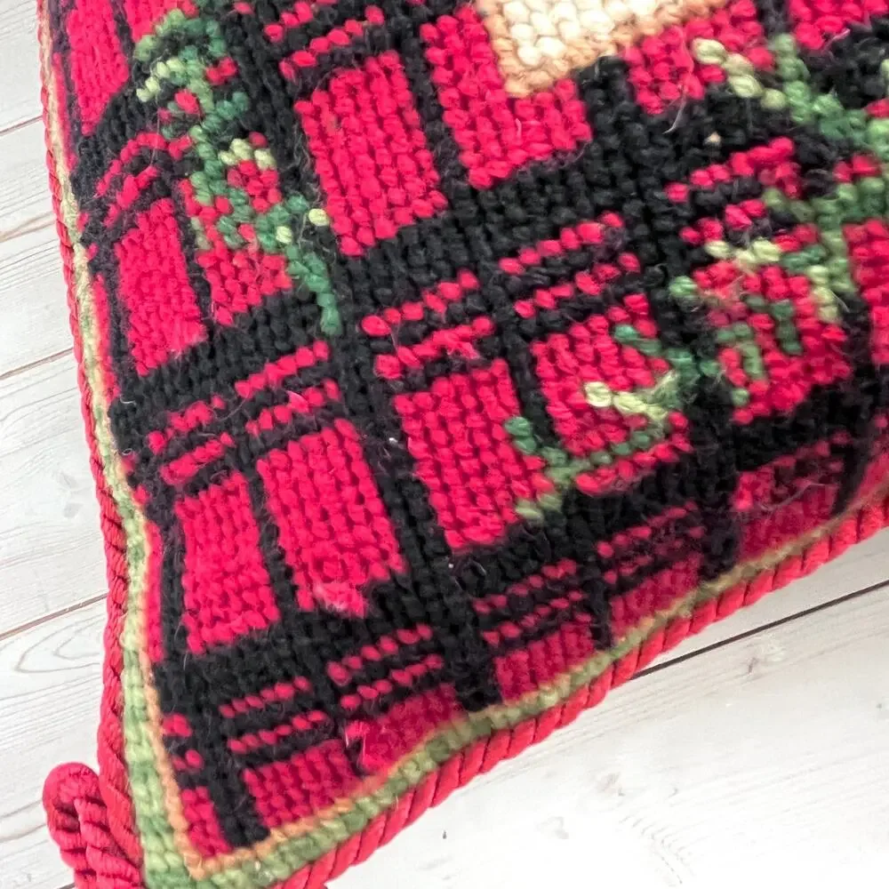 Rustic Pine and Plaid Needlepoint Pillow Braided Trim with Bows Velvety Back